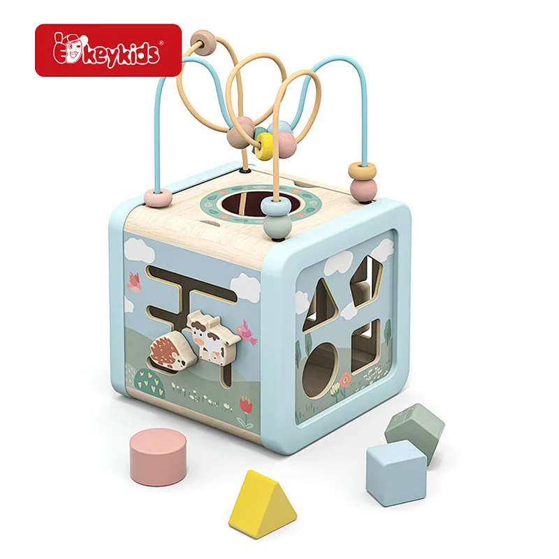 Wooden Multifunctional Activity Cube with Bead Maze, Shape Sorter & Animal Themed Play Panels W11B372